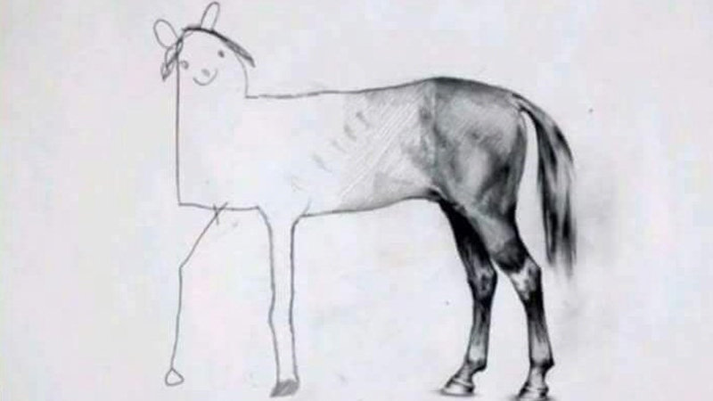 The original unfinished horse drawing meme, showing a realistic horse rear and a crudely drawn front half.
